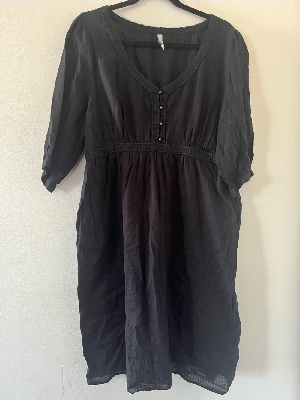 Vintage Old Navy Black 100% Cotton Peasant Mini Dress XL Empire Waist Cottage